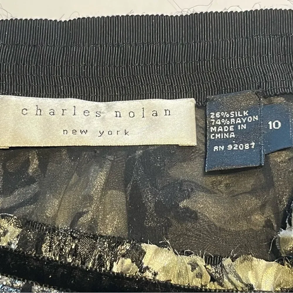 Charles Nolan Long Skirt Size 10 Black, green, silver floral pattern, shiny